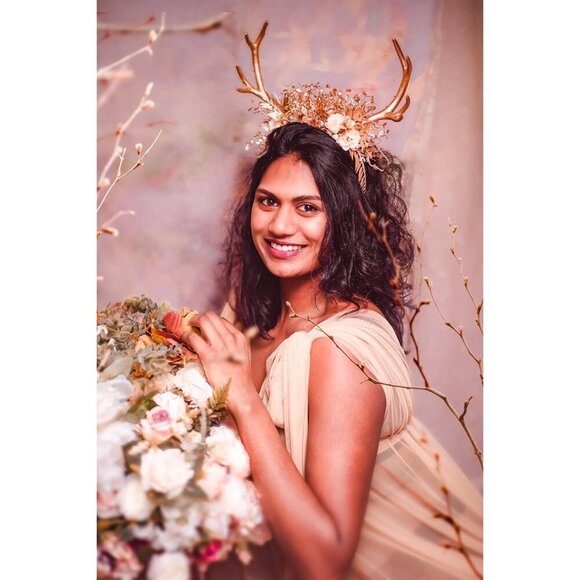 Handmade Gold Flower Antler Headband Woodland Forest Deer Horns Women Girls main image 4
